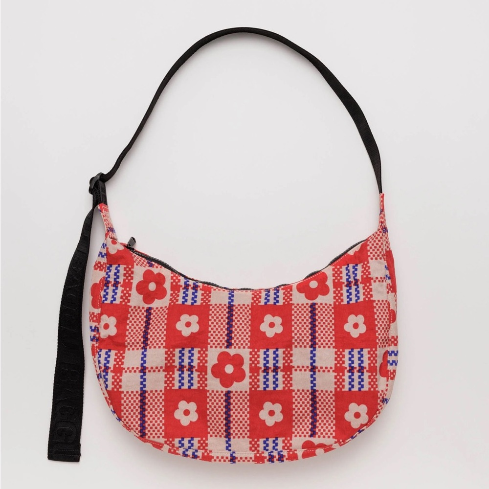 Baggu x Sandy Liang collab flower plaid market crescent bag